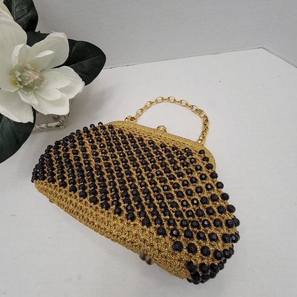 Vintage 50's Womens Gold Black Purse Bag Styled by Simon Italy Weave Beads Night - Picture 8 of 15